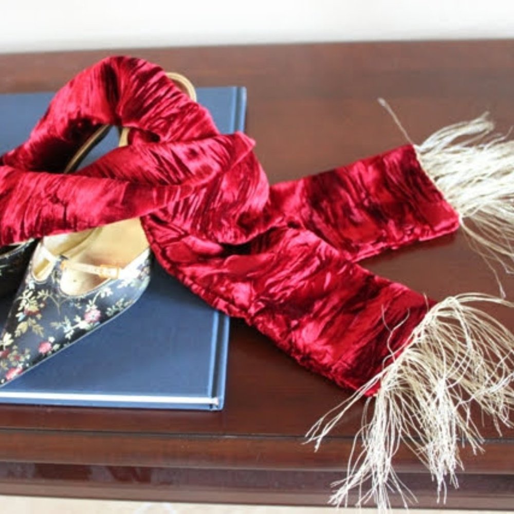 Red Velvet Scarf with Gold Tassels